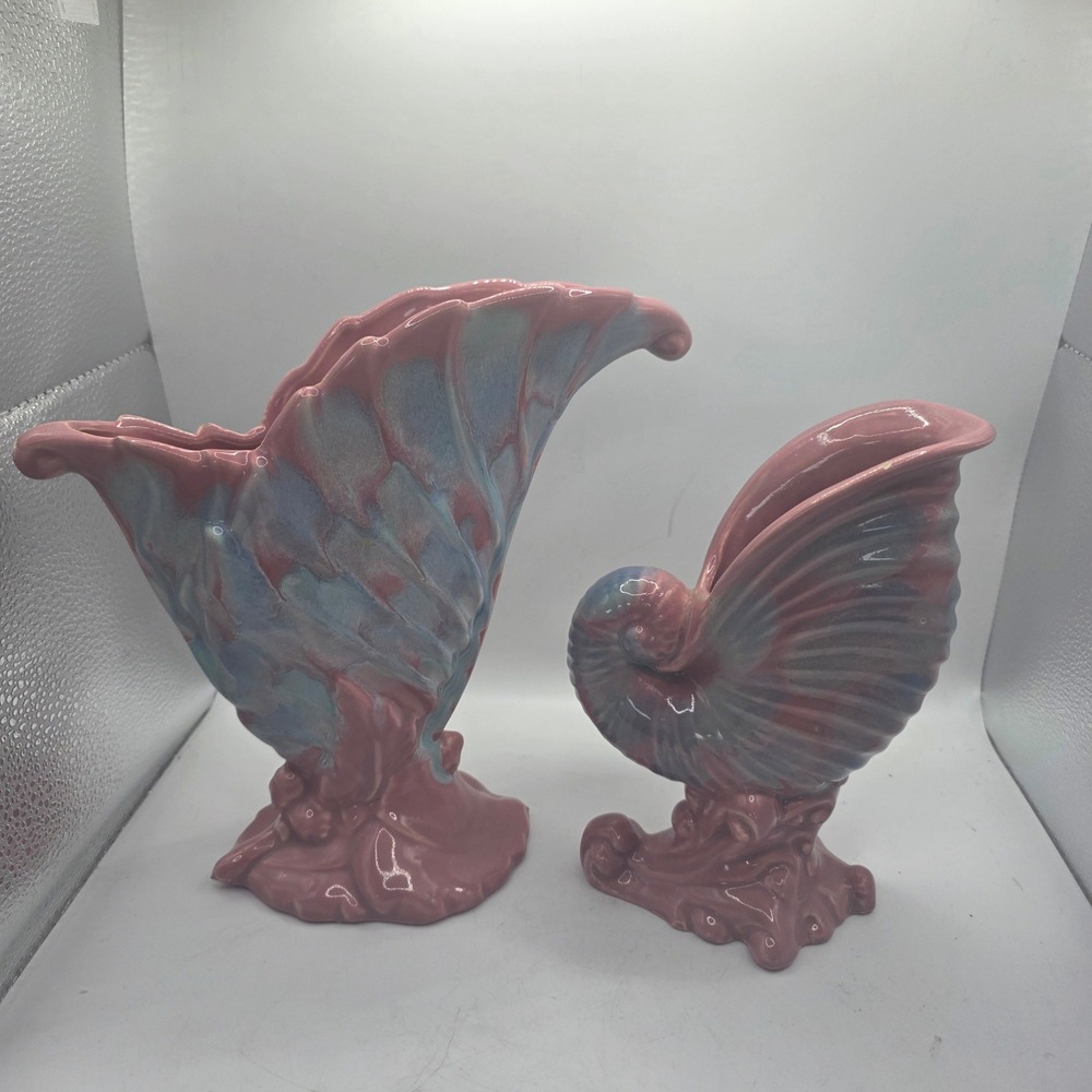 Vintage Haeger Art Pottery Peacock & Leaf Vases Pink Blue Glaze Matching Pair